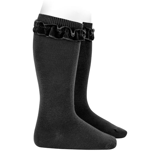 900 Black - Velvet Ruffle Cuff Knee Sock - Condor