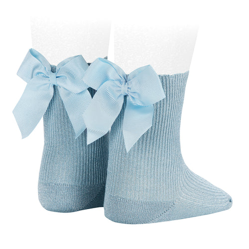 409  Rib Sock Metallic Yarn with Grosgrain Bow - Sky Blue