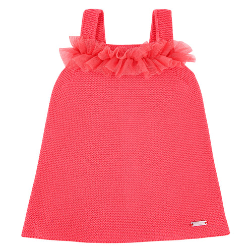 589 Coral - Garter Stitch Tulle Dress