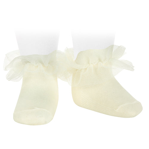 303 Beige (Cream) - Tulle Frill Ankle Sock