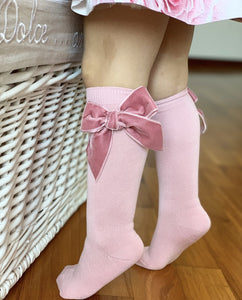 526 Pale Pink - Velvet Bow Knee High Socks