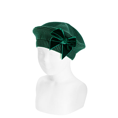 780 Bottle Green - Garter Stitch Beret with  Velvet Bow - Condor