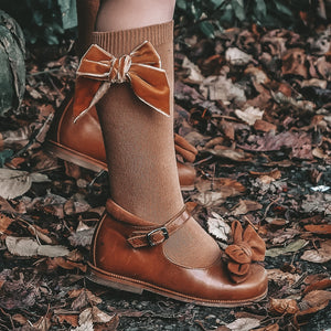 807 Toffee - Velvet Bow Knee High Socks