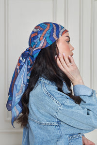 Custom Digital Printed - Turkish Cotton Square Scarf - Blue Roots