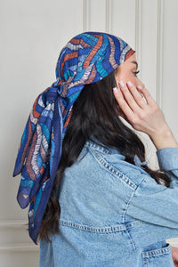 Custom Digital Printed - Turkish Cotton Square Scarf - Blue Roots