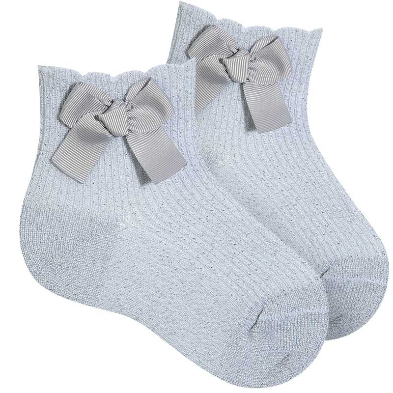 213 Fine Rib Bright Socks With Side Grosgrain Bow Silver