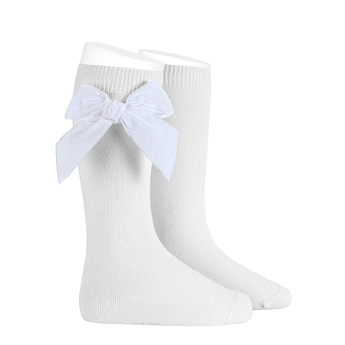 200 White - Velvet Bow Knee High Socks