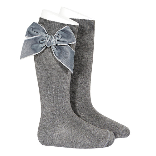 230 Light Grey - Velvet Bow Knee High Socks