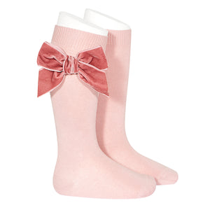 526 Pale Pink - Velvet Bow Knee High Socks