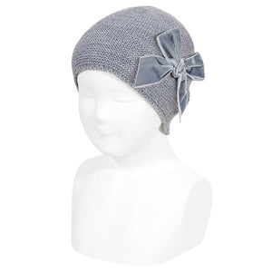 230 Light Grey - Garter Stitch Hat with  Velvet Bow - Condor