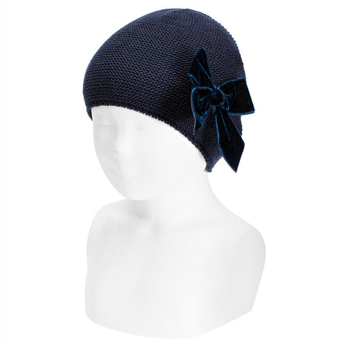 480 Navy - Garter Stitch Hat with  Velvet Bow - Condor