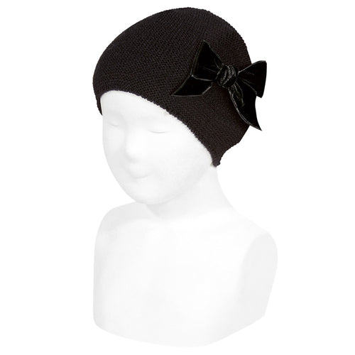 900 Black - Garter Stitch Hat with  Velvet Bow - Condor