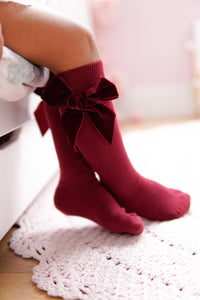 575 Garnet - Velvet Bow Knee High Socks