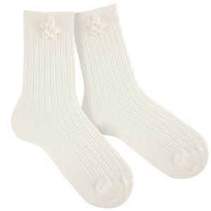 202 Cream (Off White) - Ribbed Short Socks  with Flower Condor