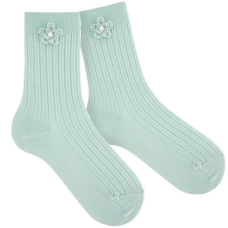 495 Sea Mist - Ribbed Short Socks  with Flower Condor